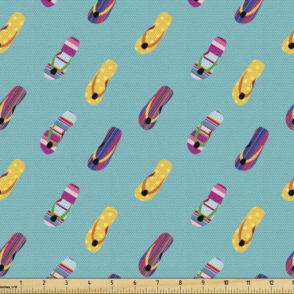 Ambesonne Summer Fabric by the Yard Upholstery, Dotted or Striped Sandals, 5 Yards, Turquoise and Multicolor