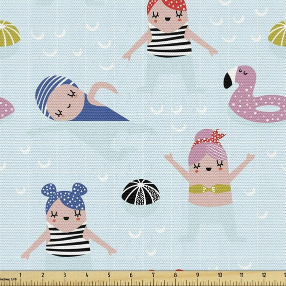 Ambesonne Summer Fabric by the Yard Upholstery, Girls in Swimming Pool Art, 3 Yards, Pale Blue Multicolor