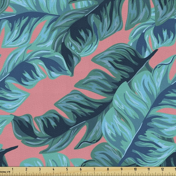 Summer Upholstery Fabric by the Yard, Tropical Island Jungle Banana Palm Leaf Branches Hipster Art Deco Botany, Decorative Fabric for DIY and Home Accents, Coral and Petrol Blue by Ambesonne