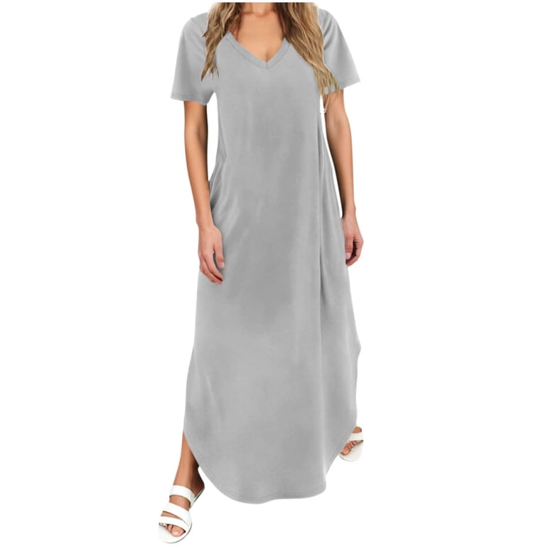 curved hem maxi dress Summer V Neck Maxi Dresses for Women Short Sleeve Casual Loose Long Dress  Curved Hem Beach Vacation Sundress