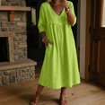 thumbnail image 1 of Summer V Neck Midi Dress for Women 3/4 Sleeve Solid Cotton Linen Dresses Casual Loose Beach Vacation Dresses with Pocket, XL, 1 of 6