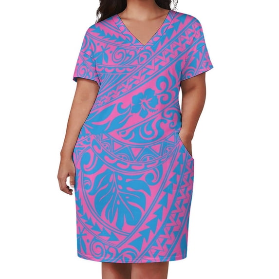 Summer V-Neck Short-Sleeved Dress Home Loose Skirt Polynesian Vintage Pattern Design Pocket Dress Party Dress