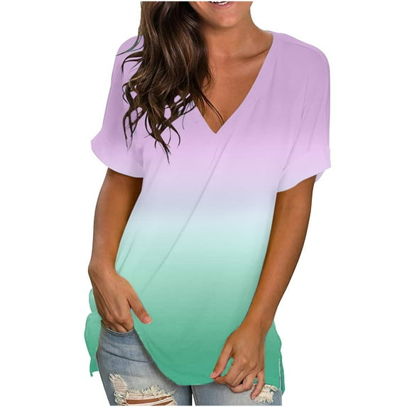 Summer V Neck T Shirts For Women,Trendy Loose Fit Gradient Tunic Tops Casual Short Sleeve Comfy Plus Size Tee Blouse