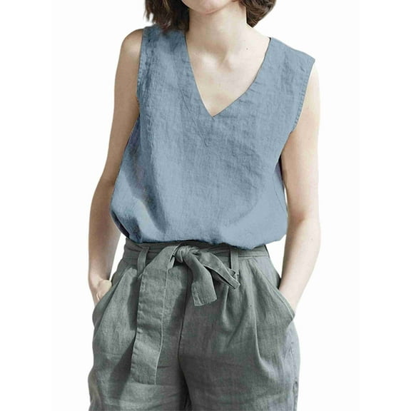Summer V Neck Tank Tops for Women Casual Cotton Linen Sleeveless Shirts Comfy Breathable Top Blue M