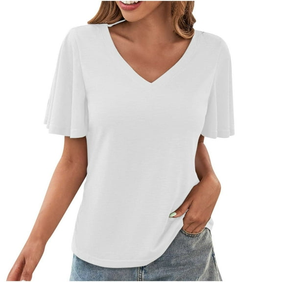 Summer V Neck Tops for Women Ruffle Sleeve T Shirt Solid Color Tunic Plus Size Dressy T Shirts
