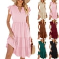 thumbnail image 1 of Summer V-neck Ruffle Sleeve Short-sleeved Solid Color Casual Dress, 1 of 8