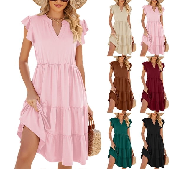 Summer V-neck Ruffle Sleeve Short-sleeved Solid Color Casual Dress