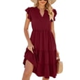 thumbnail image 1 of Summer V-neck Ruffle Sleeve Short-sleeved Solid Color Casual Dress, 1 of 8