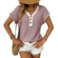 thumbnail image 1 of Summer V-neck Short Sleeve Knitted T-shirt Patchwork Button Pullover Top, 1 of 6