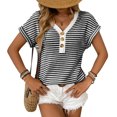 thumbnail image 1 of Summer V-neck Short Sleeve Knitted T-shirt Patchwork Button Pullover Top, 1 of 6