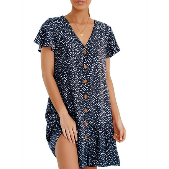 Summer V-neck Women Print Casual Buttons Dress Loose Swing Short Mini Dress