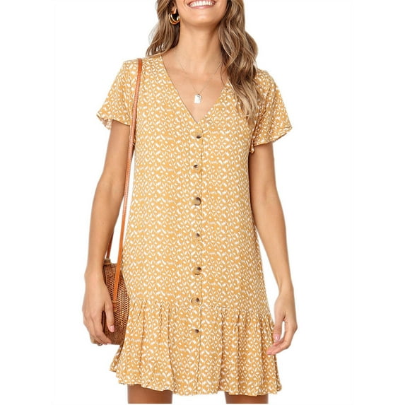 Summer V-neck Women Print Casual Buttons Dress