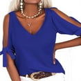 thumbnail image 1 of Summer V-neck Women Solid Color Off Shoulder Casual Shirt Bownot Blouse Tops, 1 of 3