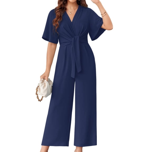 Summer V-neck Womens Wide Leg Jumpsuits Short Sleeve Tie Knot Front Long Romper