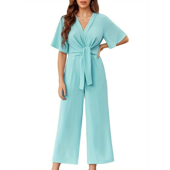Summer V-neck Womens Wide Leg Jumpsuits Short Sleeve Tie Knot Front Long Romper
