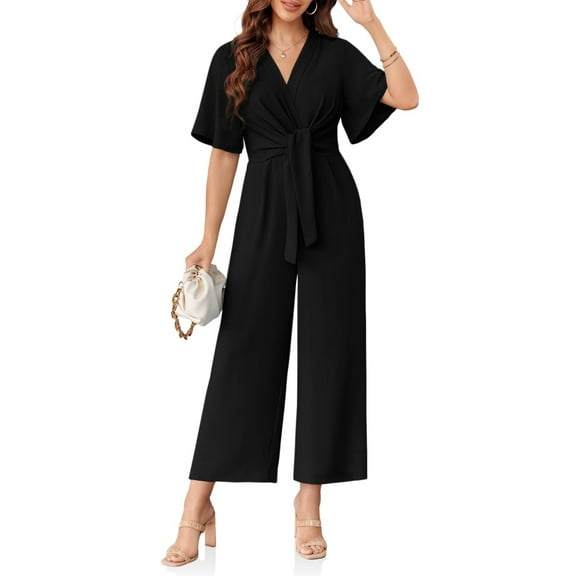 Summer V-neck Womens Wide Leg Jumpsuits Short Sleeve Tie Knot Front Long Romper