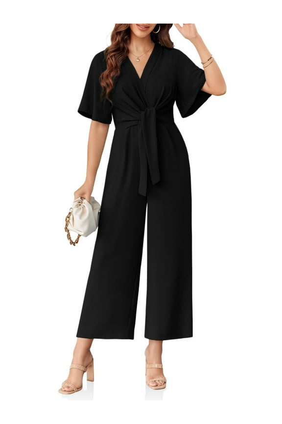 Summer V-neck Womens Wide Leg Jumpsuits Short Sleeve Tie Knot Front Long Romper