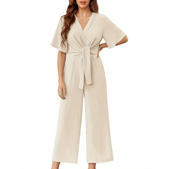 Summer V-neck Womens Wide Leg Jumpsuits Short Sleeve Tie Knot Front Long Romper