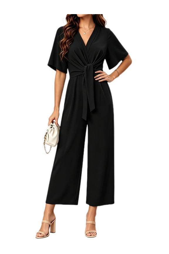 Summer V-neck Womens Wide Leg Jumpsuits Short Sleeve Tie Knot Front Long Romper