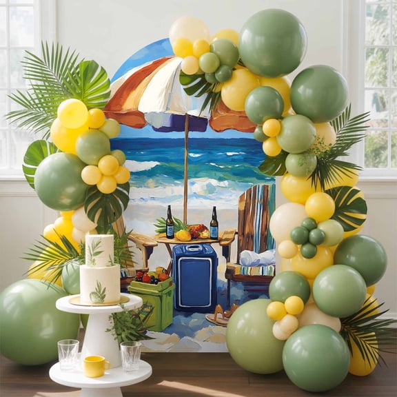 Summer Vacation Arch Backdrop Cover, 4FT, Ocean Beach Wood Sun Umbrella Spandex Arch Covers Double-Sided Backdrop for Wedding Birthday Party Photo Background Decoration