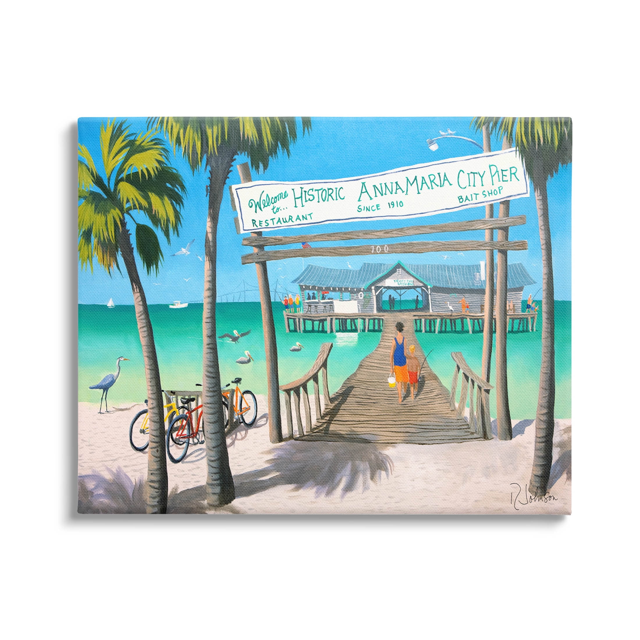 Summer Vacation Beach Pier Coastal Painting Gallery Wrapped Canvas Print Wall Art