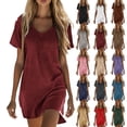 thumbnail image 1 of Summer Vacation Dresses For Women Fashion Casual Short Sleeved Solid Color V-neck Linen Sundresses Dresses, 1 of 7