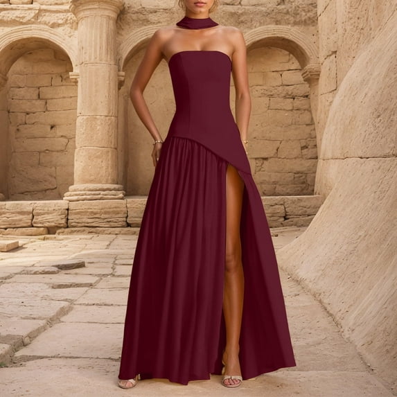 Summer Vacation Dresses For Women Fashion Casual Strapless And Hip-Hugging Long With Sleeveless One-Shoulder Sundresses Tank Dresses — Wine∣XL