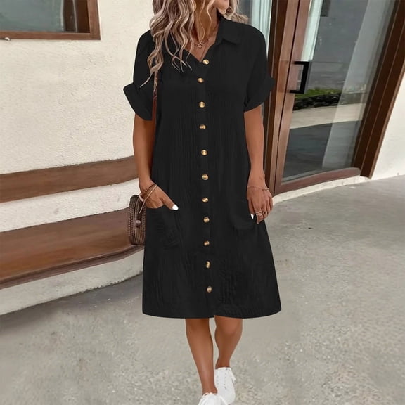 Summer Vacation Dresses For Women Fashion Solid Color Casual Short Sleeved Buttons Cardigan Black Sundresses Tank Dresses S-2XL (Available in Plus Size)