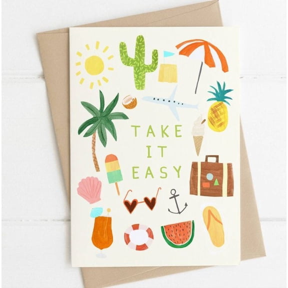 Summer Vacation Greeting Card  Take It Easy Tropical Design  Blank Inside, Envelope Included  Perfect for Friends and Family Reminders to Relax