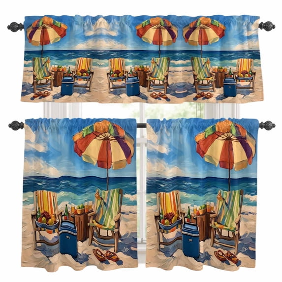 Summer Vacation Kitchen Curtains Valances and Tiers Set of 3 Ocean Beach Tier Curtains and Valance with Rod Pocket for Small Windows, 27.5"x24"