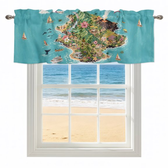 Summer Vacation Paradise Valances for Windows, Rod Pocket Kitchen Valance Curtains - Soft & Washable Small Window Treatment for Living Room, Bathroom, Holiday Coastal Cruise Ship 42x12inch, 1 Panel