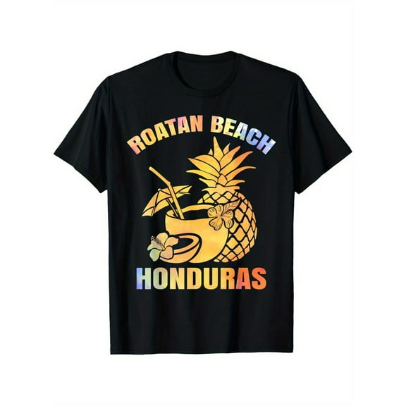 Summer Vacation Retro Sunset Honduras Roatan Beach T-Shirt, 100% Cotton Holiday Casual T-Shirt for Men & Women & Family Black, S-XXXL