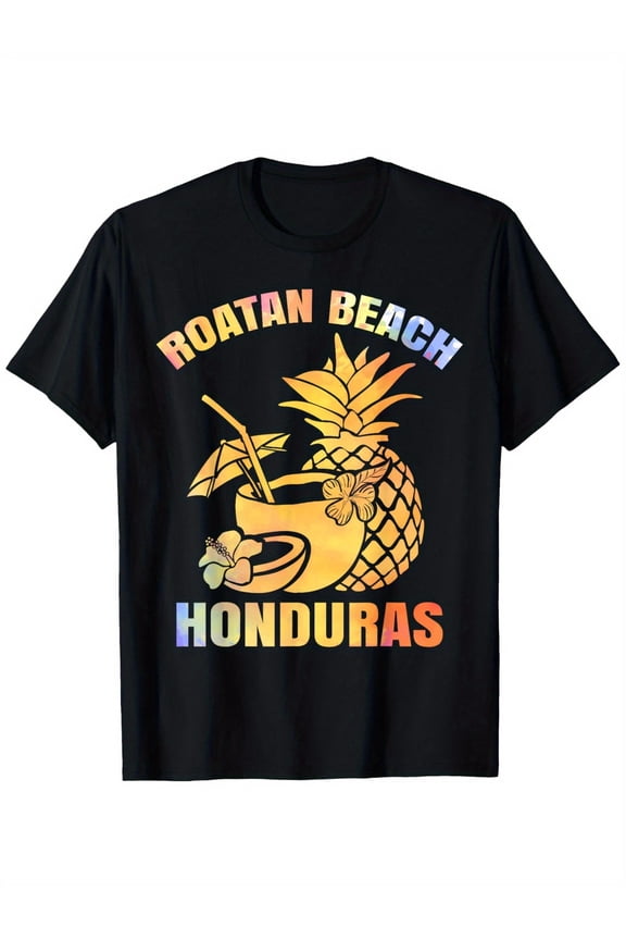 Summer Vacation Retro Sunset Honduras Roatan Beach T-Shirt, 100% Cotton Holiday Casual T-Shirt for Men & Women & Family Black, S-XXXL