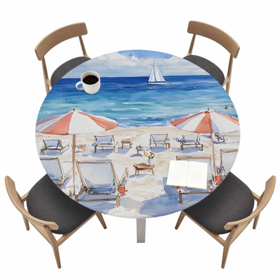 Summer Vacation Round Fitted Tablecloth with Elastic Edge Watercolor Beach Chair Table Cover Fit for 36"-44" Tables Waterproof Tablecloths for Dinner Camping Picnic
