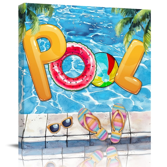 Summer Vacation Swimming Pool Canvas Artwork Painting Art, Sunglasses Slippers Palm Tree Square Framed Wall Decorations Prints Picture for Bedroom Kitchen Living Room, 8x8 in