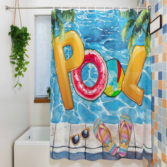 Summer Vacation Swimming Pool Shower Curtain for Bathroom, Sunglasses Slippers Palm Tree Waterproof Shower Curtains Washable Quick Dry with Hooks Bathtub Curtains 60x72IN