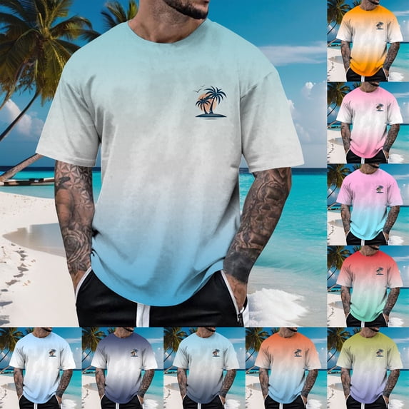 Summer Vacation T Shirts for Men Palm Tree Print Thin Short Sleeve Crew Neck Tee Beach Basic Top B M
