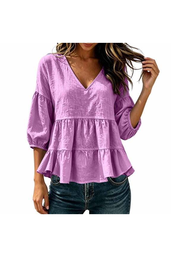 Summer Vacation Tops for Women’s V Neck Peplum Blouses - 3/4 Puff Sleeve Loose Flowy Tops - Ruffle Hem Summer Beach Vacation Tops S