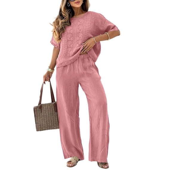 Summer Vacation Two Piece Outfit Women Embroidery Short Sleeve Tops Wide Leg Pants Lightweight Casual Travel Set S