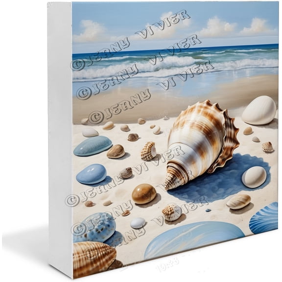 Summer Vacation Wooden Box Sign Desk Decor Beach Shell Wood Block Plaque Box Signs Farmhouse Rustic Box Sign for Home Beach House Shelf Table Decoration 5"x5"