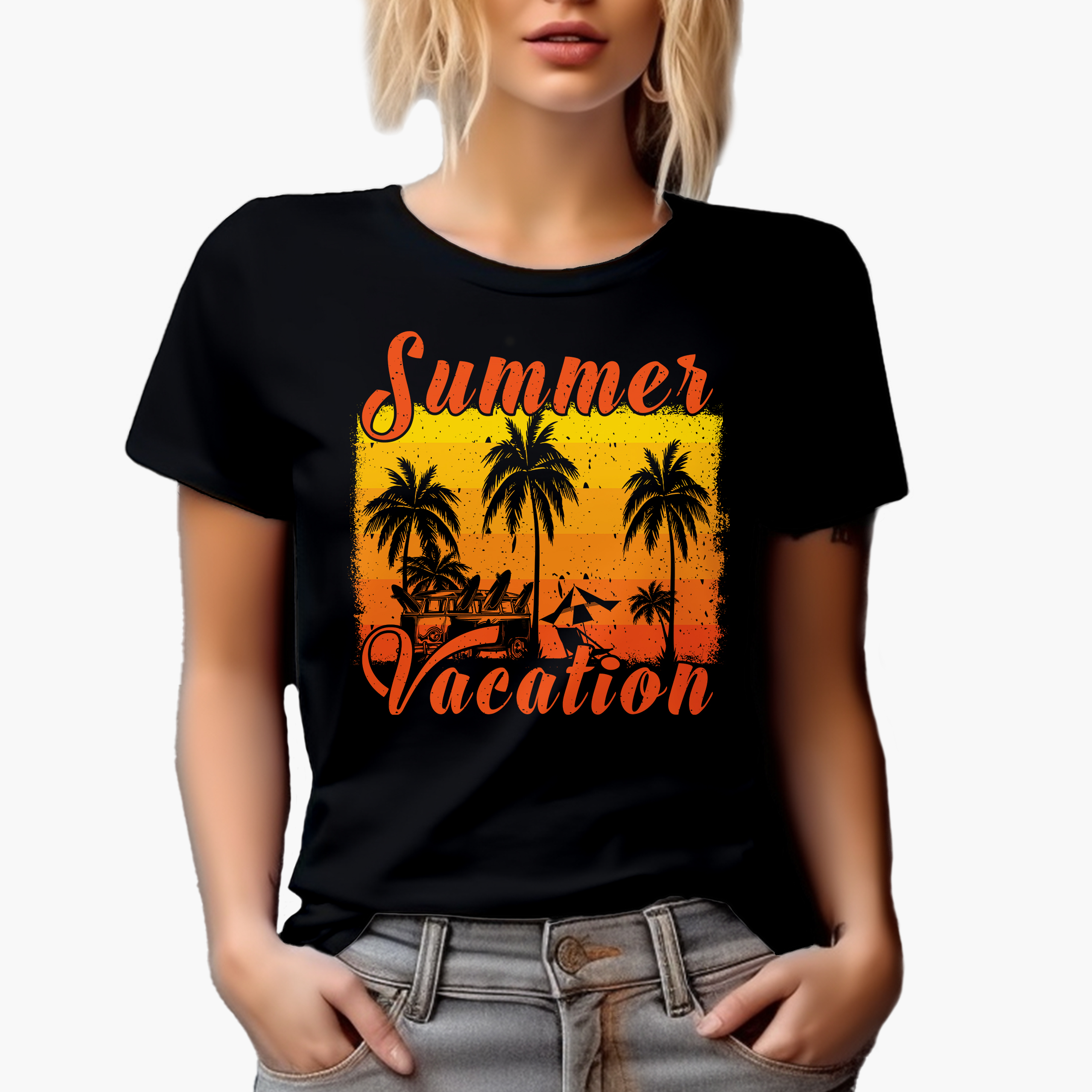 Summer Vacation with Palm Trees, Surf Van, Black T-Shirt, 2XL