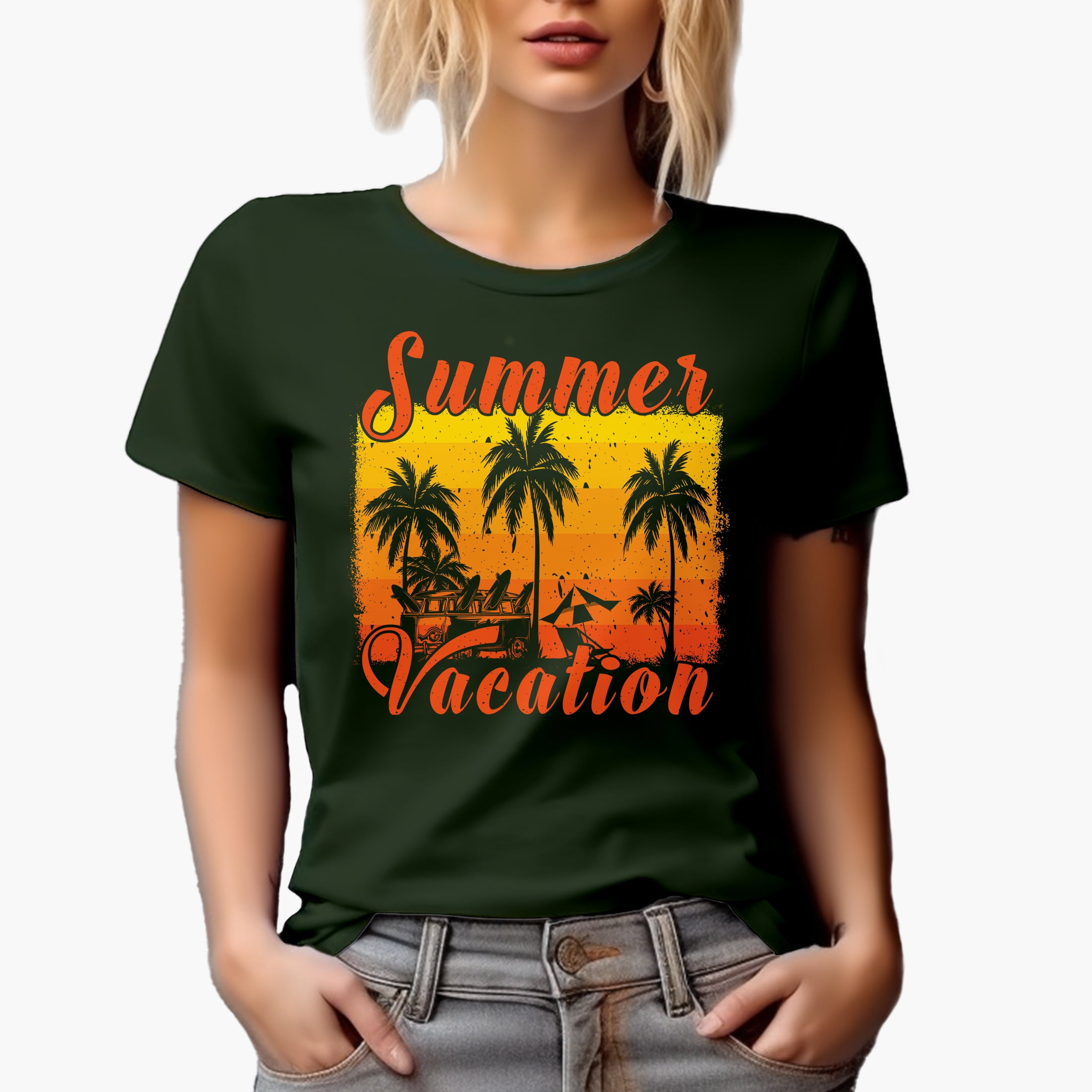 Summer Vacation with Palm Trees, Surf Van, Military Green T-Shirt, Large