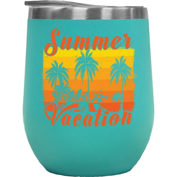 Summer Vacation with Palm Trees, Surf Van, Mint 12oz Wine Tumbler