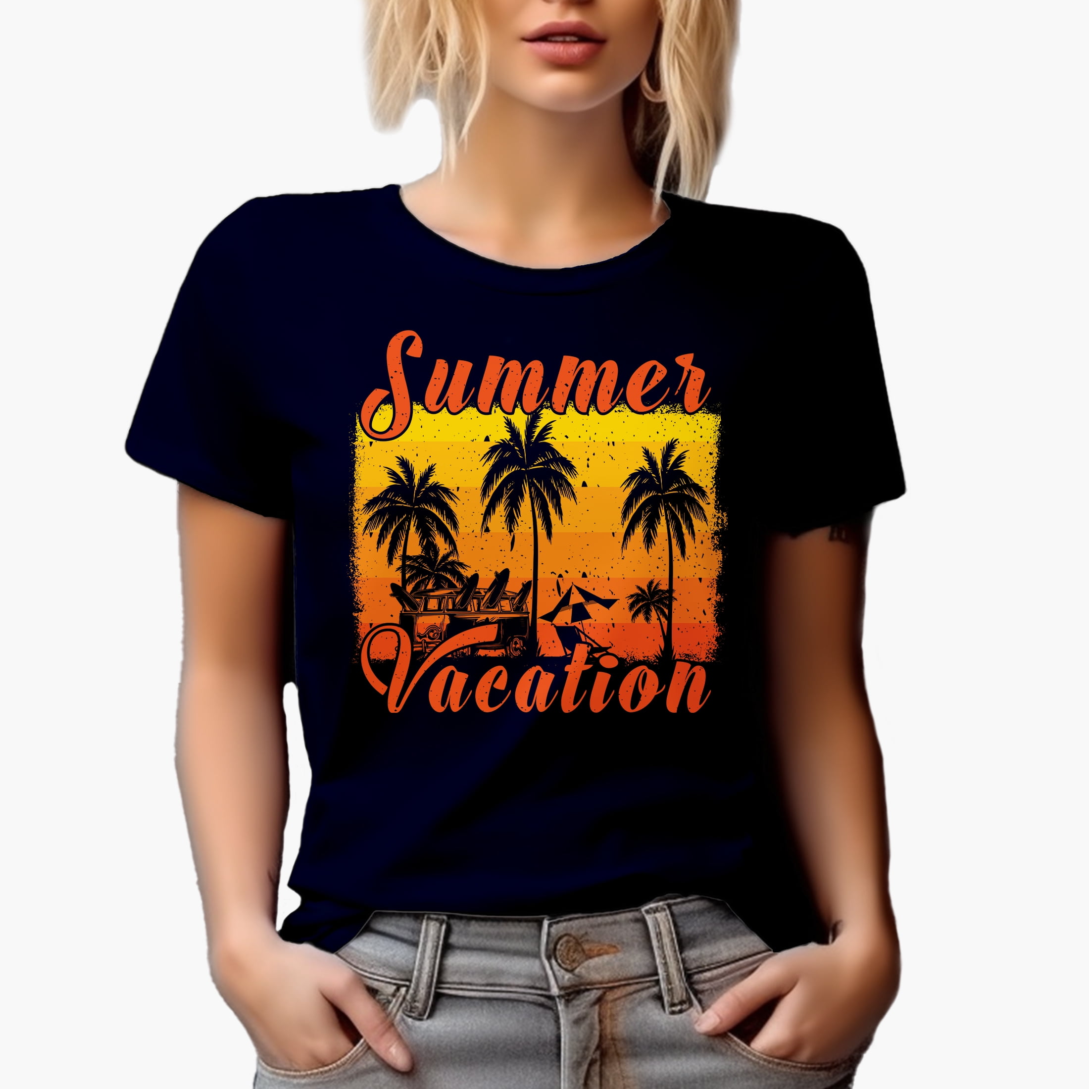 Summer Vacation with Palm Trees, Surf Van, Navy Blue T-Shirt, Large
