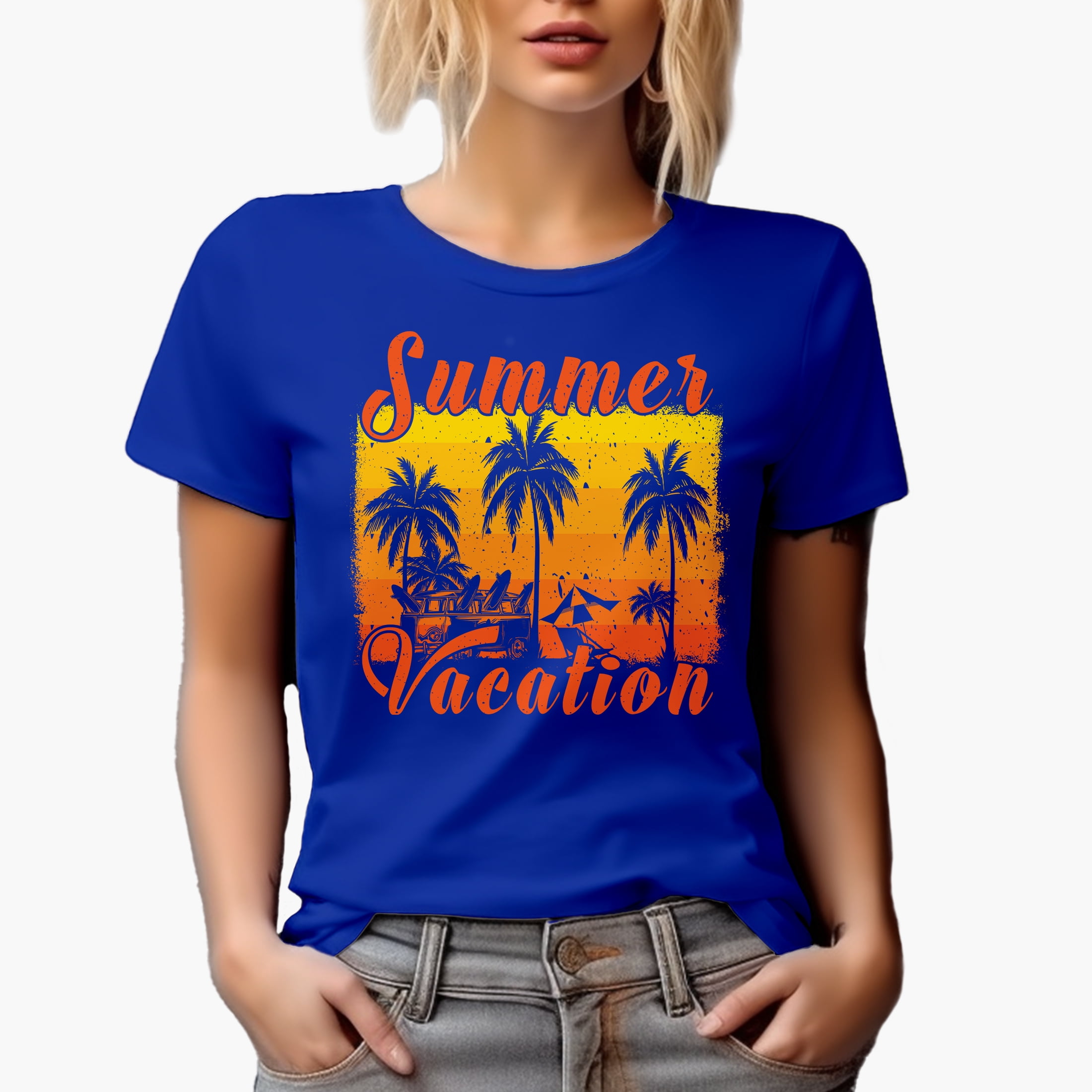 Summer Vacation with Palm Trees, Surf Van, Royal Blue T-Shirt, Small