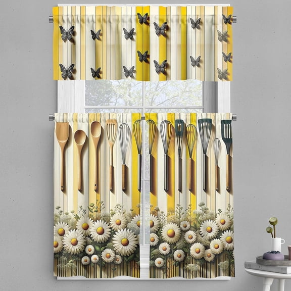 Summer Valance & Tier Curtain 3 pcs Set, Dotted Butterflies with Stripes and Blossoming Daisy Meadow Print, Window Treatments for Kitchen Room Decor, 55" x 36", Yellow Reseda Green and Beige