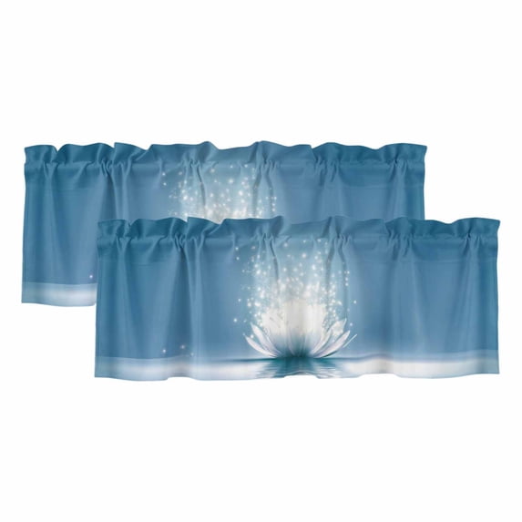 Summer Valances for Windows, Decorative Rod Pocket Window Valance Curtains, Modern Blue Lake Sparkle White Flowers Lotus Short Curtain Drapes for Kitchen/Bathroom/Living Room, 2 Panels, 54" W x 18" L