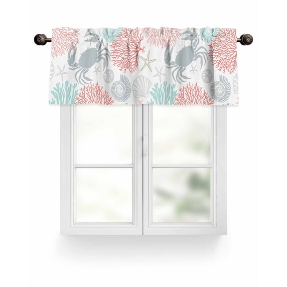 Summer Valances for Windows Red Orange Crab Coral Seashell Nautical Coastal Ocean Valance Rod Pocket Short Window Treatments Curtains for Kitchen Bathroom Living Room Bedroom, 42 x 12 Inch