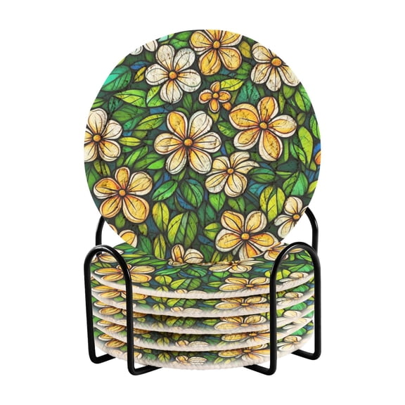 Summer Various Flowers Drink Coasters with Holder Absorbent Coaster for Coffee Table Room Decor 6 Pack