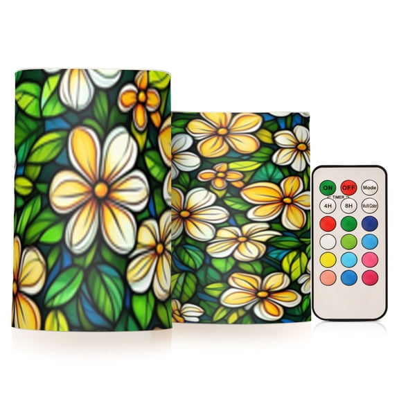 Summer Various Flowers Flickering Flameless Candles Battery Operated with Remote Timer LED Pillar Candles Set of 2